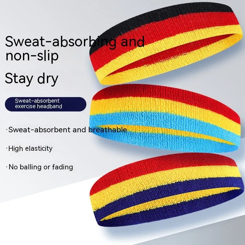 Sports headband in various colour combinations showing 5.5cm width and 20cm length dimensions