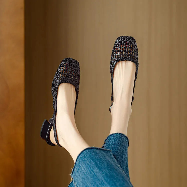 Women's beige woven sandals with chunky heel, closed square toe, and a buckle strap.