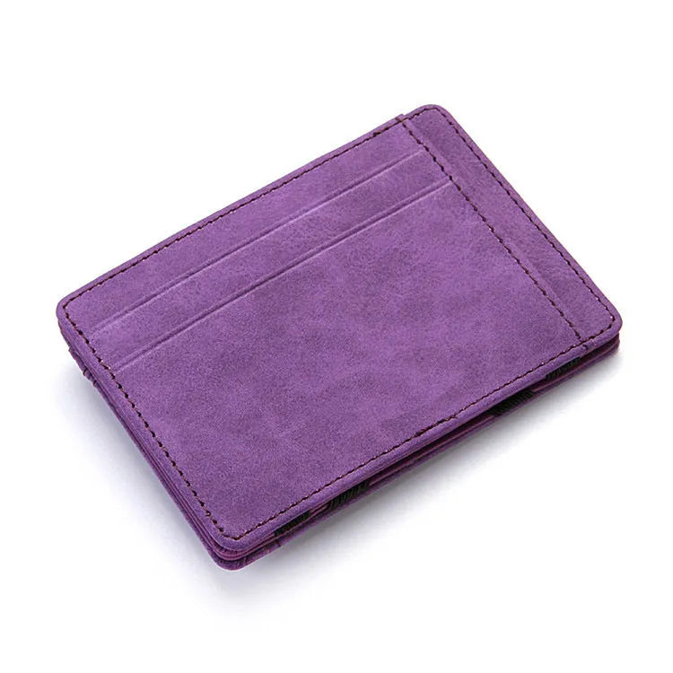 PU leather magic wallet open showing flip card holder and zippered coin purse in one of five colours.