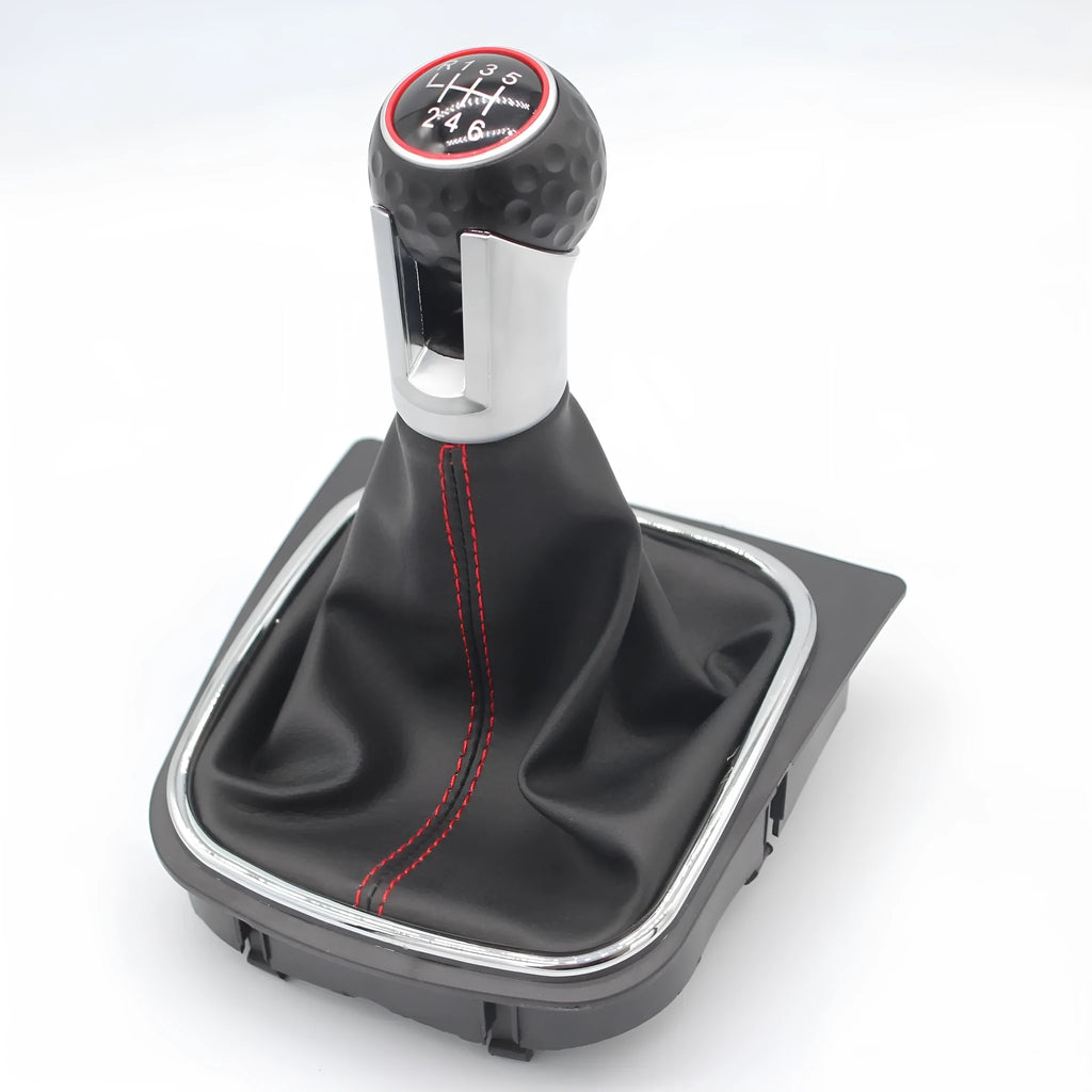 Black leather manual gear knob with dust boot for Volkswagen Golf 5, 6 and 7 models.