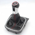 Black leather manual gear knob with dust boot for Volkswagen Golf 5, 6 and 7 models.