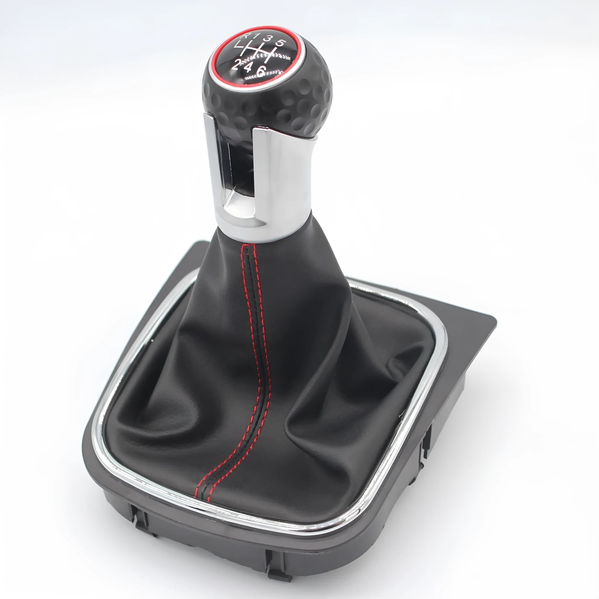 Black leather manual gear knob with dust boot for Volkswagen Golf 5, 6 and 7 models.
