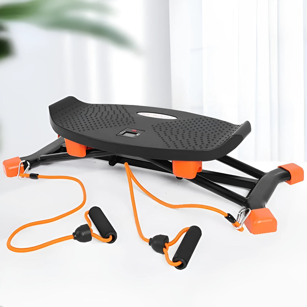 JS101A black mini fitness skiing machine with elastic hand straps, compact home exercise equipment
