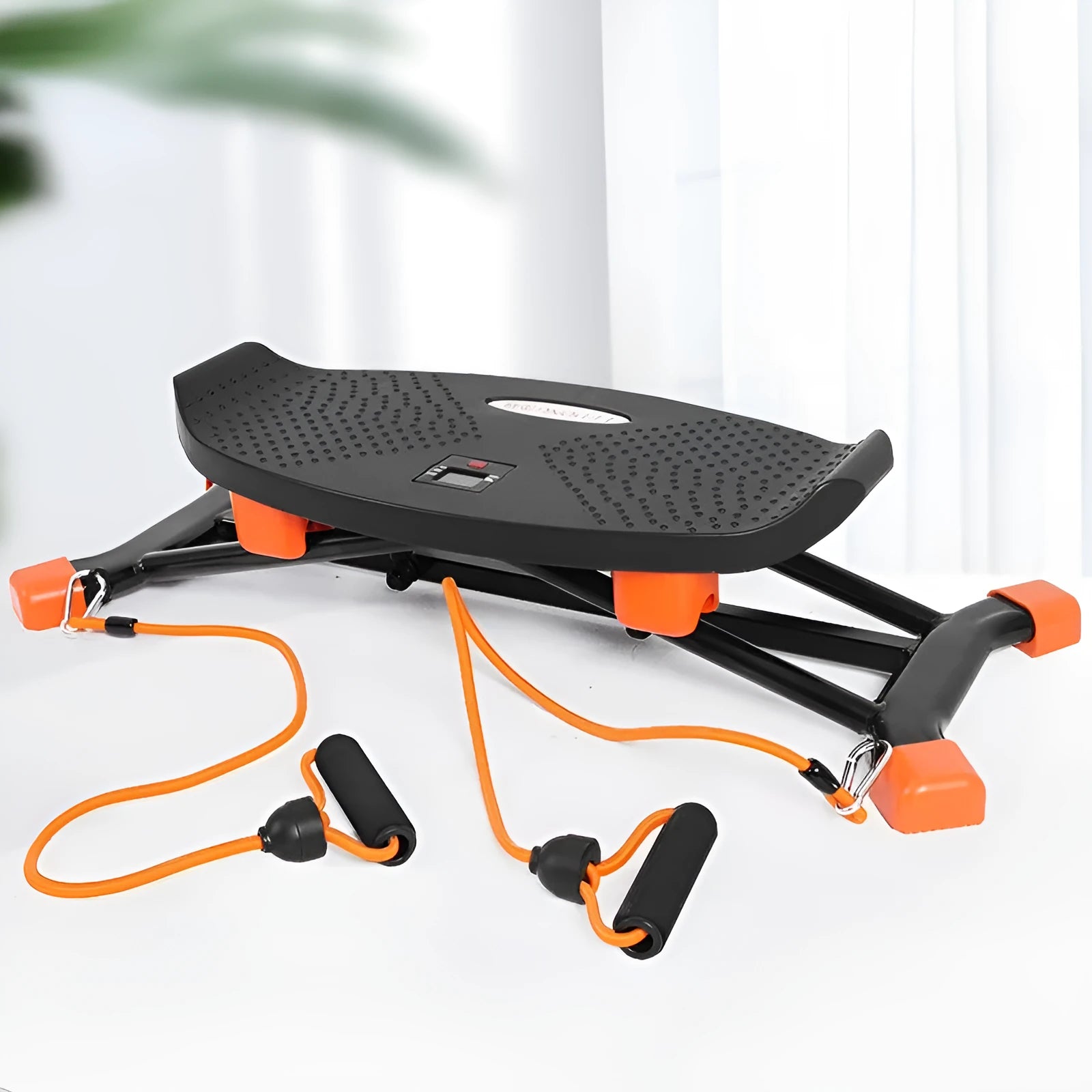 JS101A black mini fitness skiing machine with elastic hand straps, compact home exercise equipment