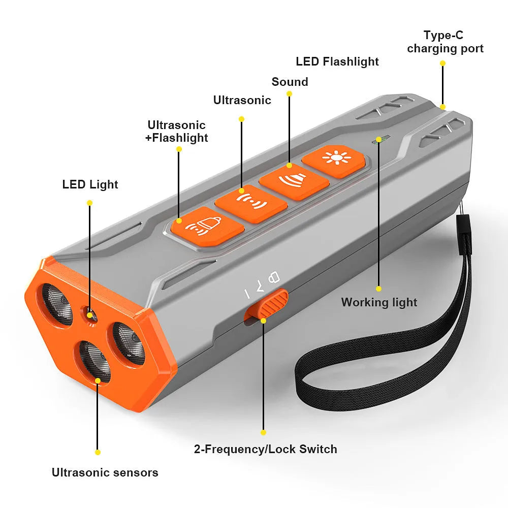 Three head ultrasonic dog trainer in grey orange or black orange colour.