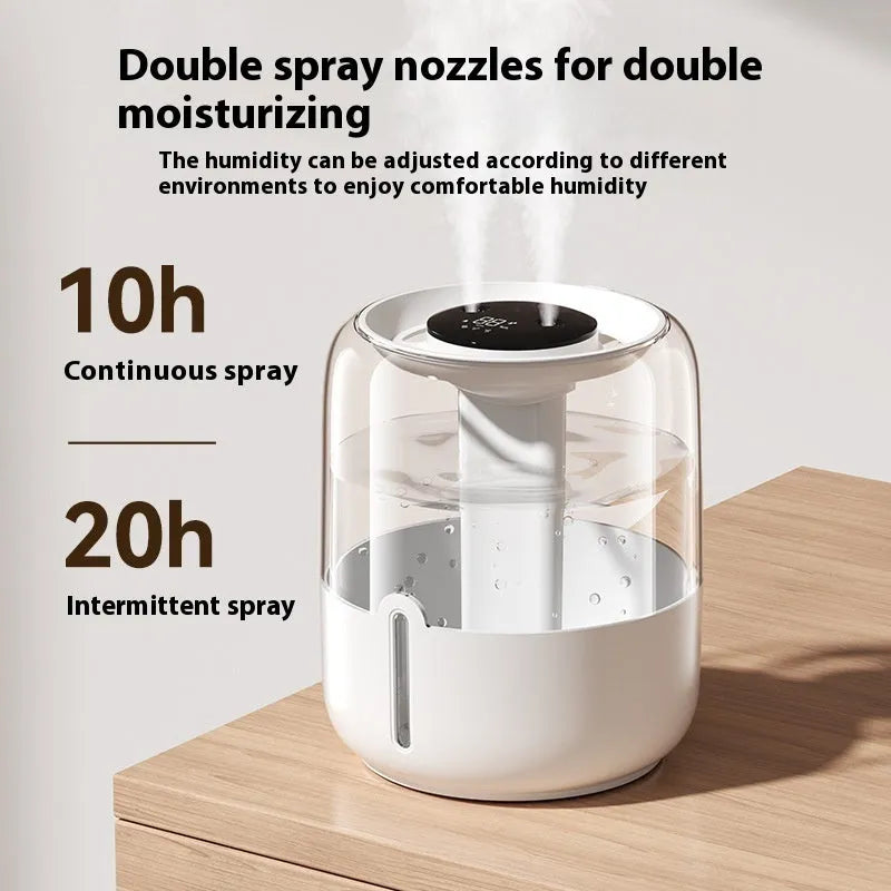Beige round USB humidifier with dual spray outlets, humidity display, and night light on a table.