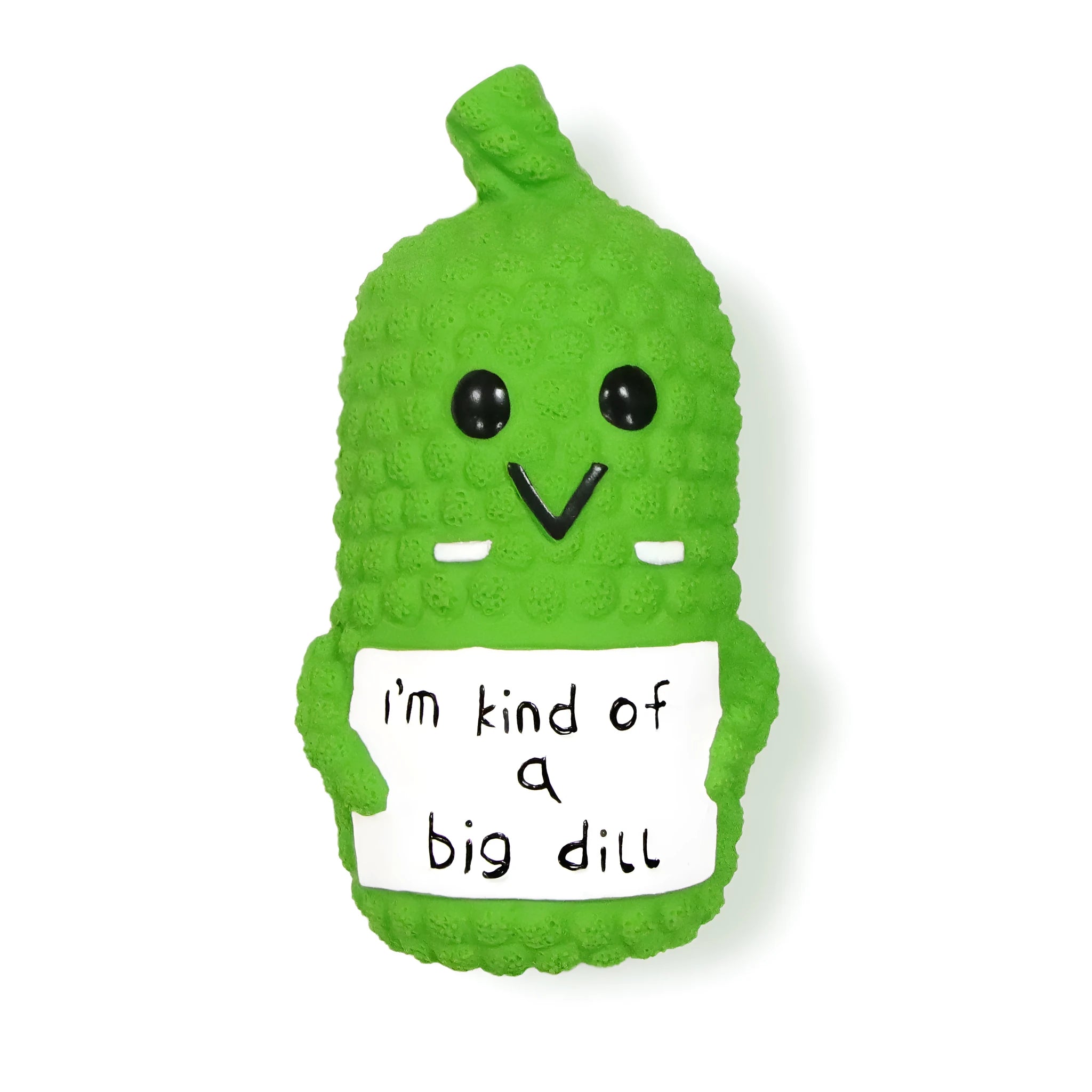 Green pickle-shaped latex dog chew toy with textured surface and squeaker for teething puppies