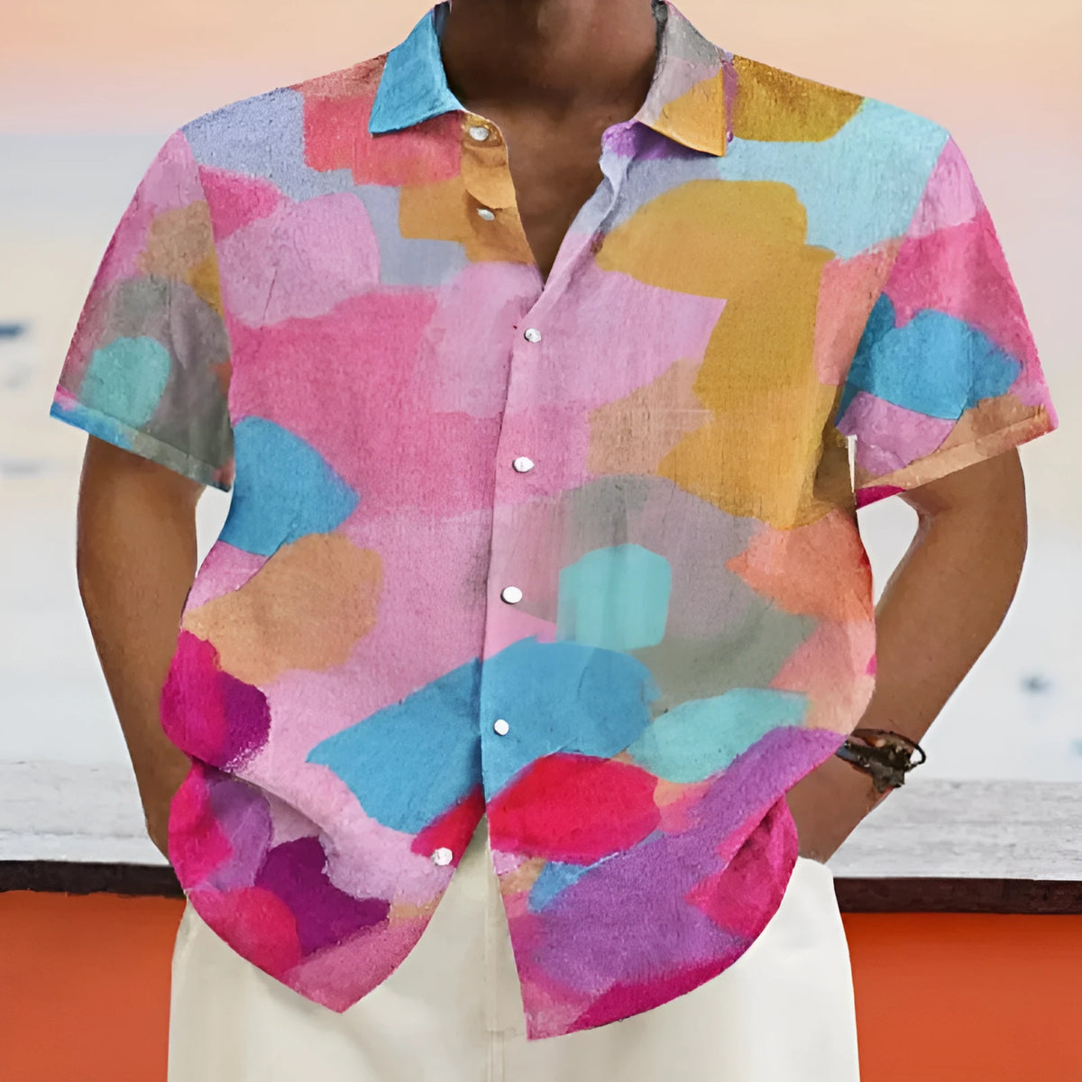 Hawaiian style loose fit cardigan with 3D printed pattern and stand collar in short sleeve design