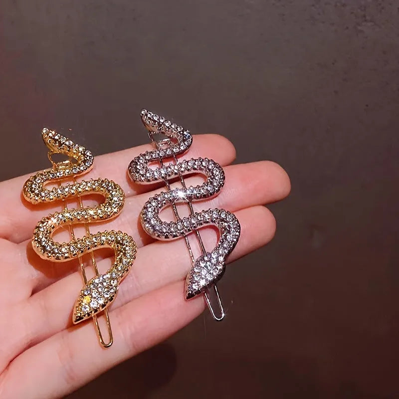 Korean vintage snake design hair clip barrettes in gold and silver with rhinestone detailing