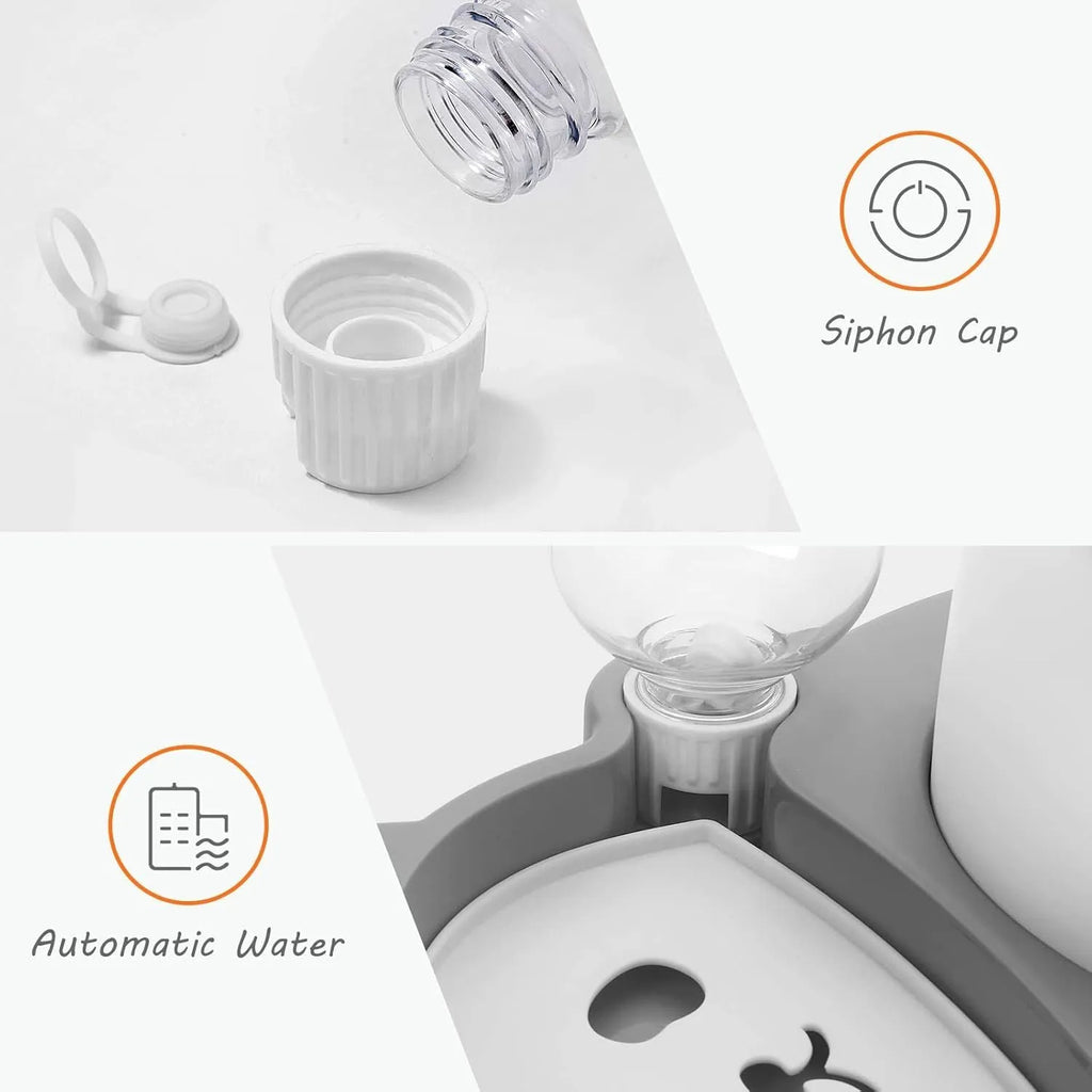 Elevated panda-shaped pet feeding bowl set with tilted stainless steel bowl and automatic water dispenser bottle