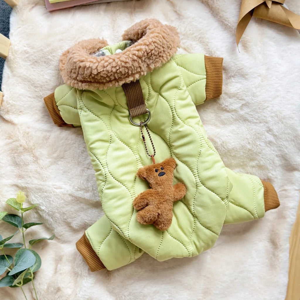Light green cotton pet clothing with extra thick band and hanging strap toy bear, sizes XS to XXL