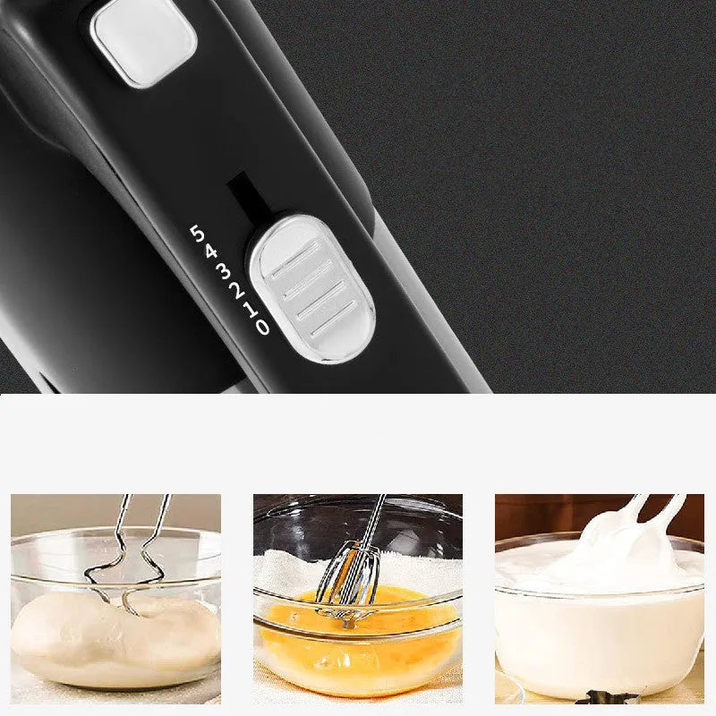 800W handheld electric whisk with five speed settings, ABS plastic body and stainless steel attachments, black colour option