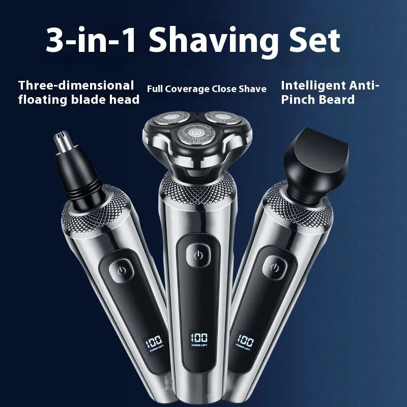 USB rechargeable beard scraper with digital LED display on a five-in-one base bracket.