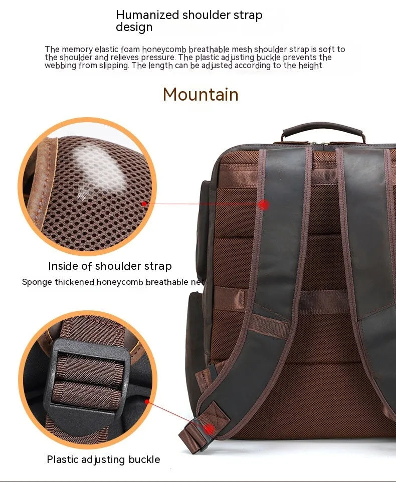 Dark brown genuine leather backpack for men with 17-inch laptop compartment and multiple internal organisers
