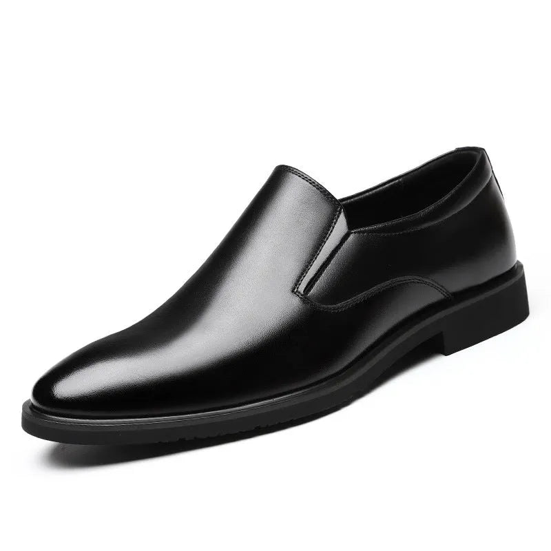 Men's black breathable leather slip-on business casual shoes with rubber sole