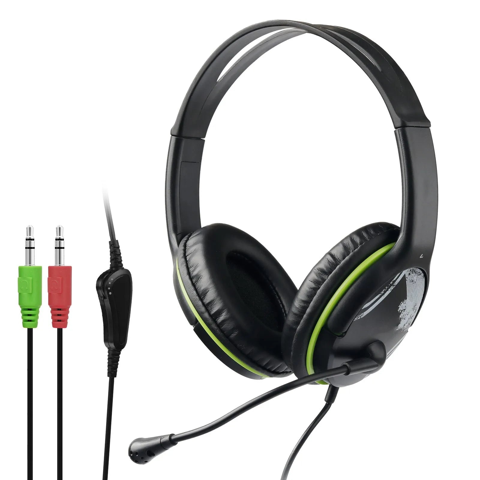 Black wired over-ear headset with headband, PU earmuffs, and 3.5mm plug for PC computer use