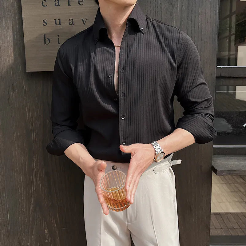 Men's dark striped V-neck long sleeve shirt in regular fit cardigan style