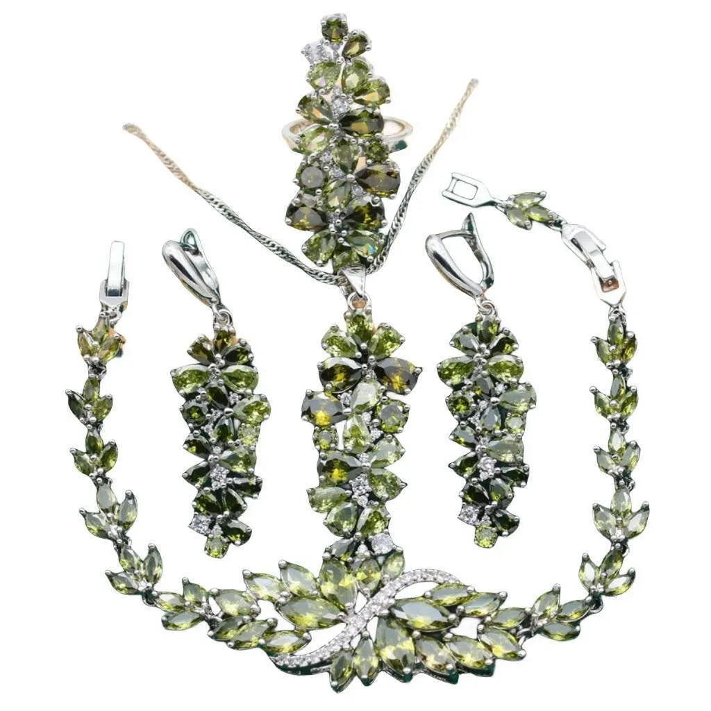 Retro floral pattern jewellery set with copper, zircon, and alloy pendant, showing necklace, bracelet, earrings, and ring in olive and purple colours.