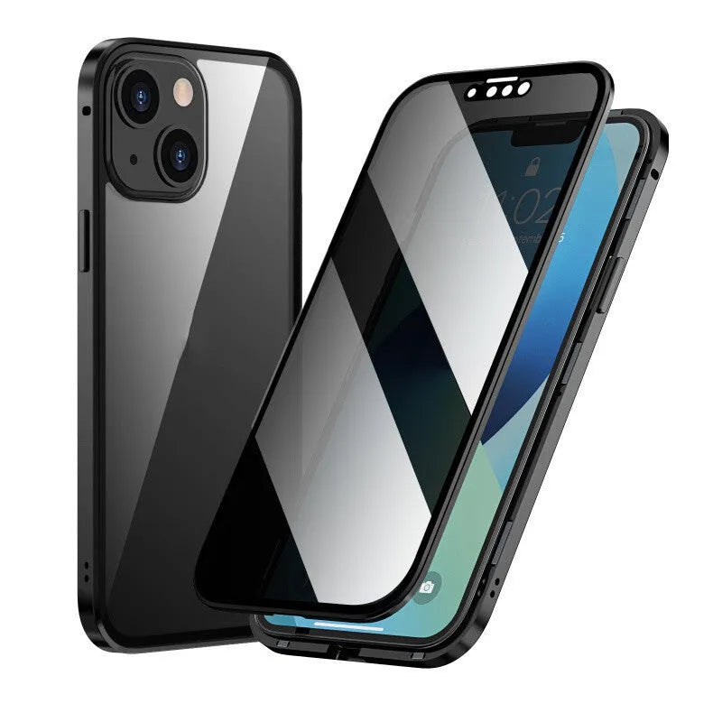 Black metal Magneto phone case for iPhone showing front and back views.