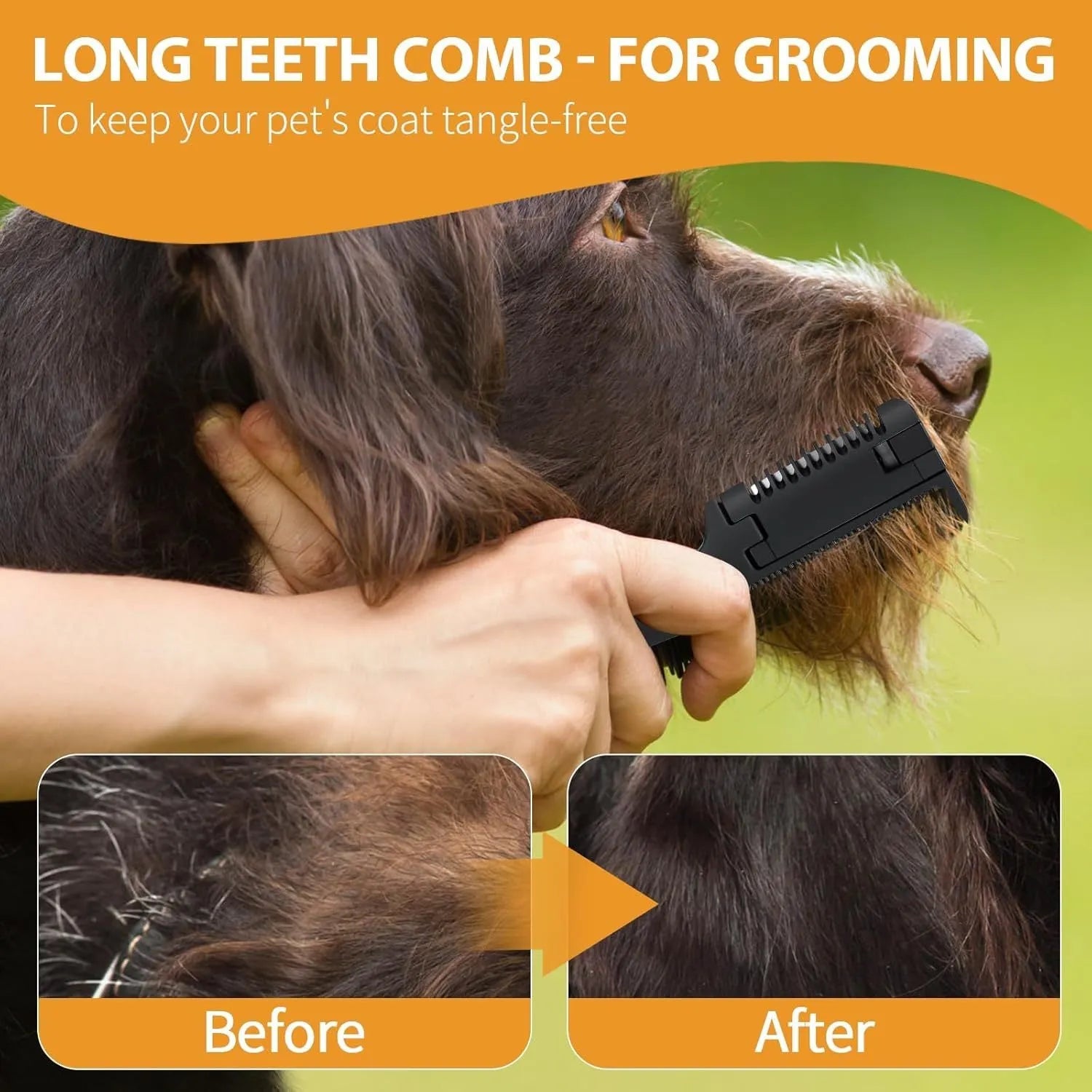 A 2-in-1 pet grooming comb with a built-in trimming blade and replacement blades, shown next to a small dog.