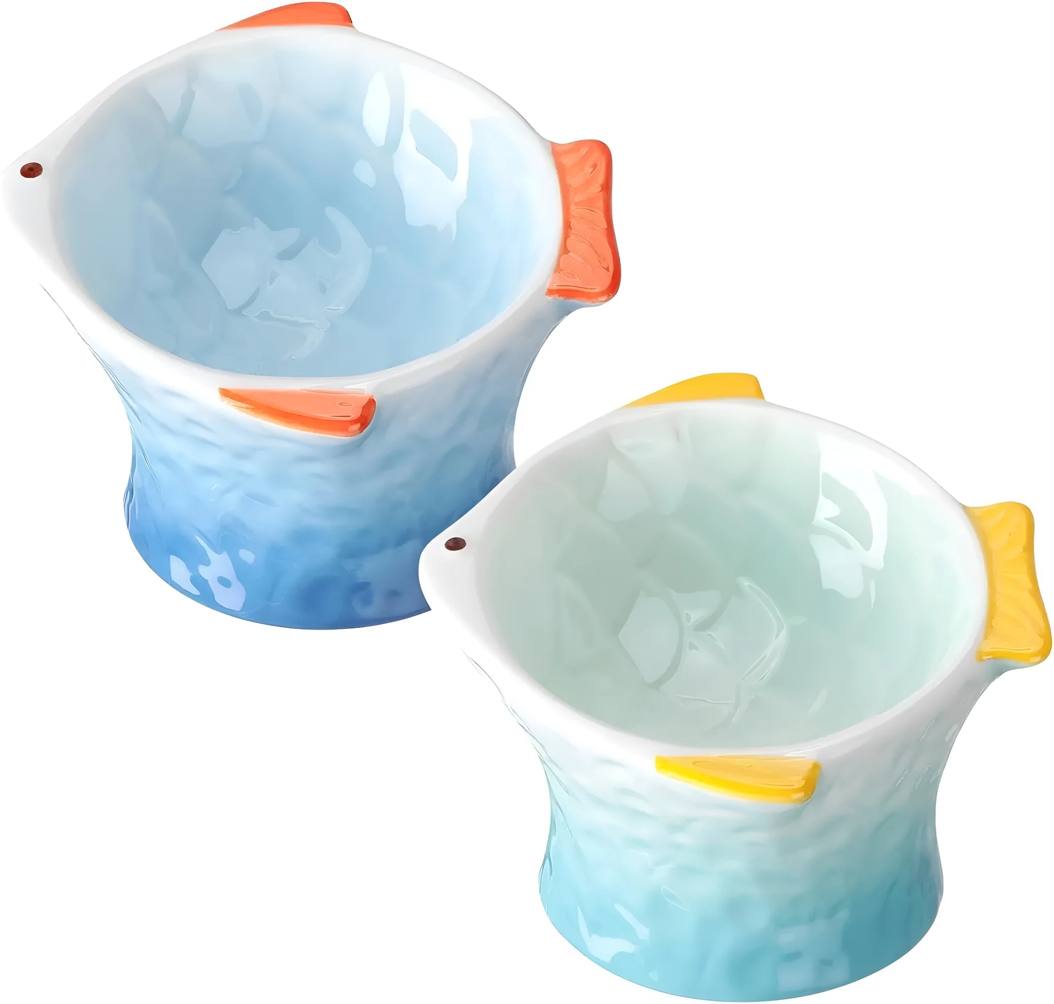Blue ceramic cat food bowl in a fish shape with a tilted, elevated design and non-slip base.