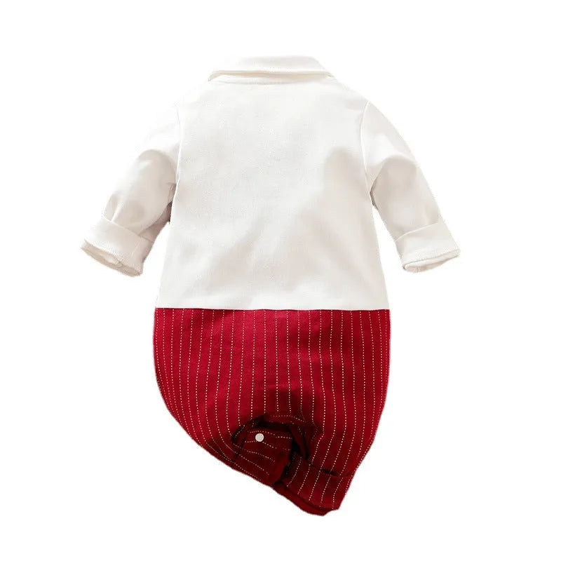 Wine red cotton baby boy romper with long sleeves and single-breasted closure for spring and autumn wear