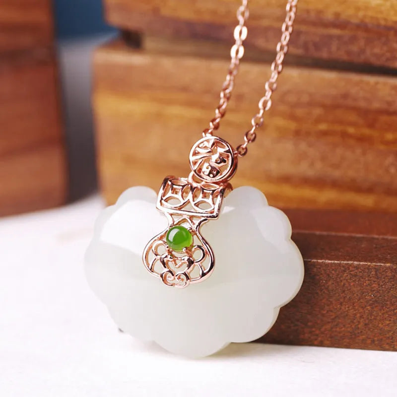 Ruyi safety lock necklace in S925 silver and Hetian jade with lock pendant, yellow gold or white gold colour