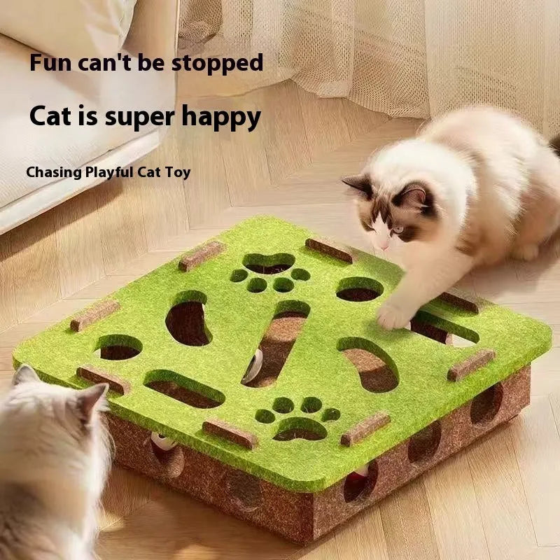 Square felt cat toy box with centre hole in green brown colour