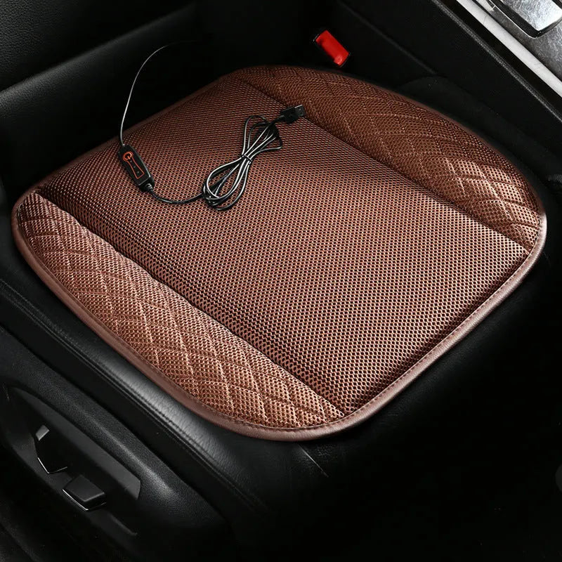 Black USB car ventilated seat cushion with cooling fans on a car seat