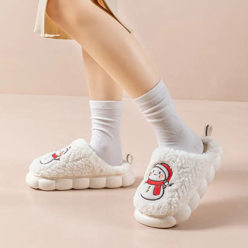 Cute snowman winter slippers in plush material with thick anti-slip PVC sole on indoor floor