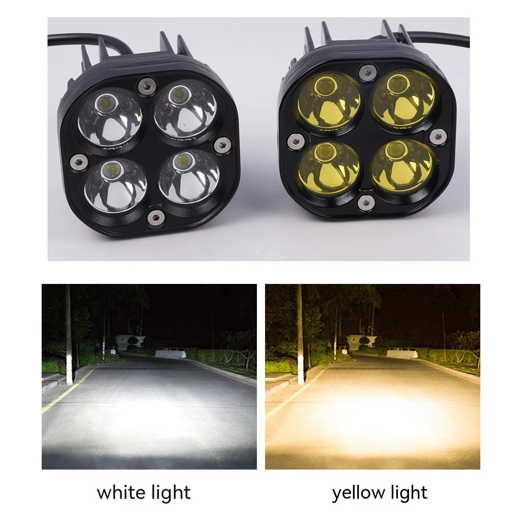 Four-eye clover spotlight headlight with aluminium base plate for vehicle modification.
