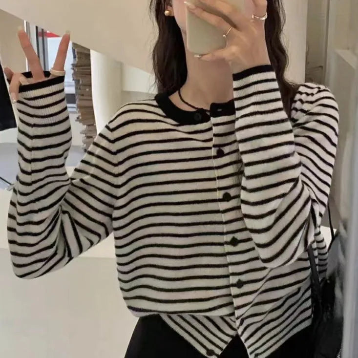 Women's dark grey and white striped cardigan sweater with French style pattern, slim fit 40cm length