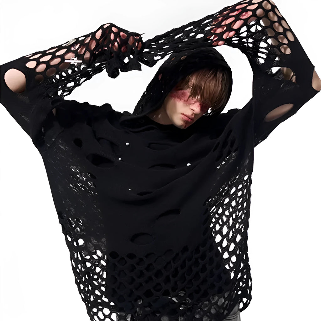 Black men's hoodie with pearl decorative elements on hood, loose fit thin fabric construction