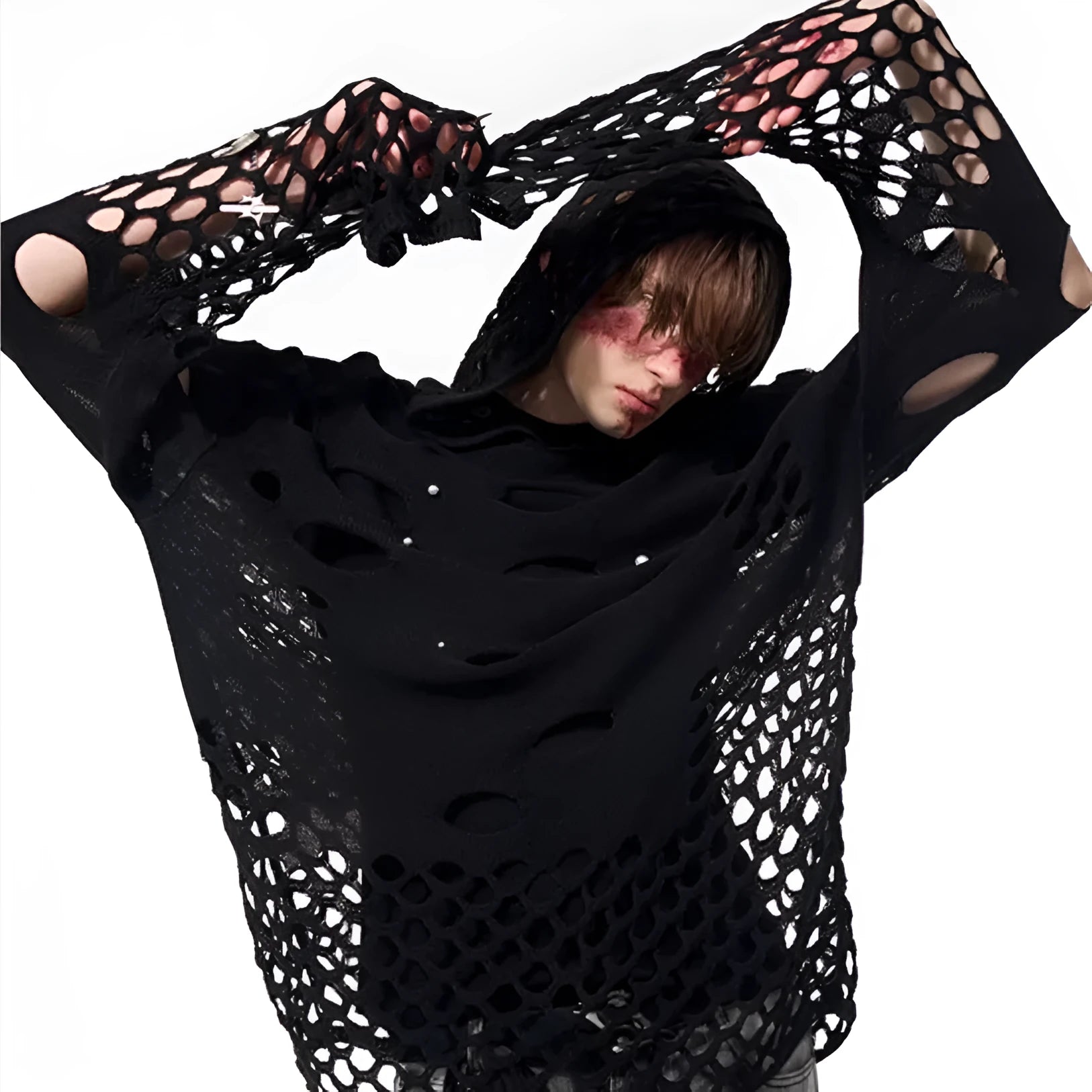 Black men's hoodie with pearl decorative elements on hood, loose fit thin fabric construction