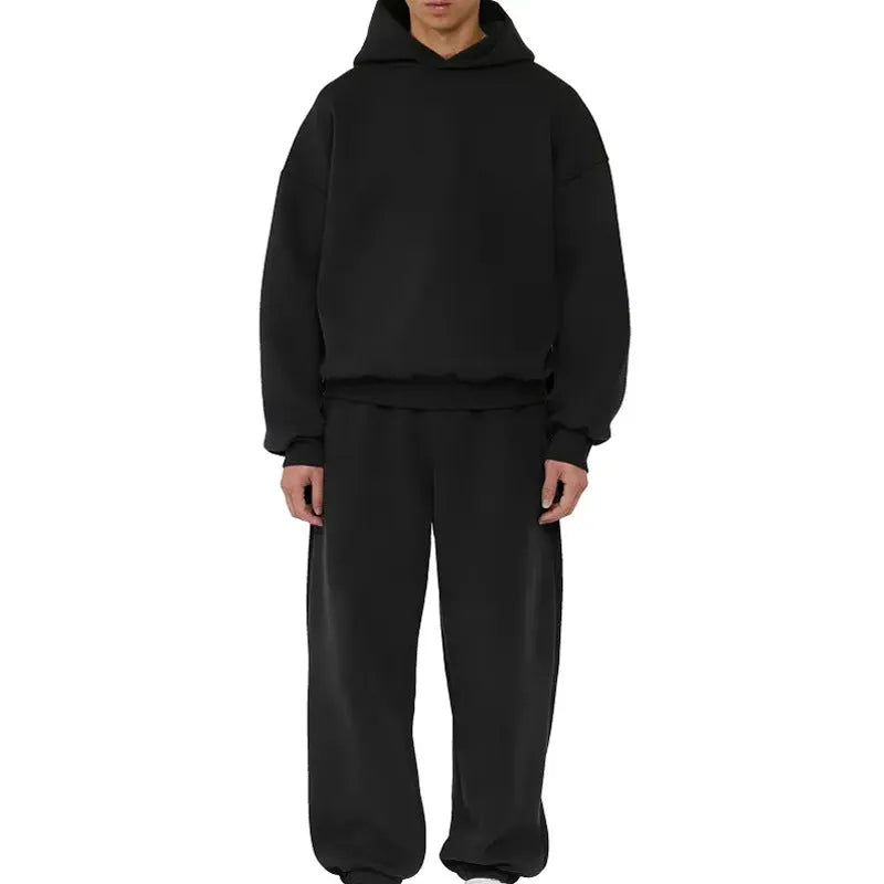 Men's grey fleece-lined pullover hoodie with wool interior showing long sleeves and solid colour design
