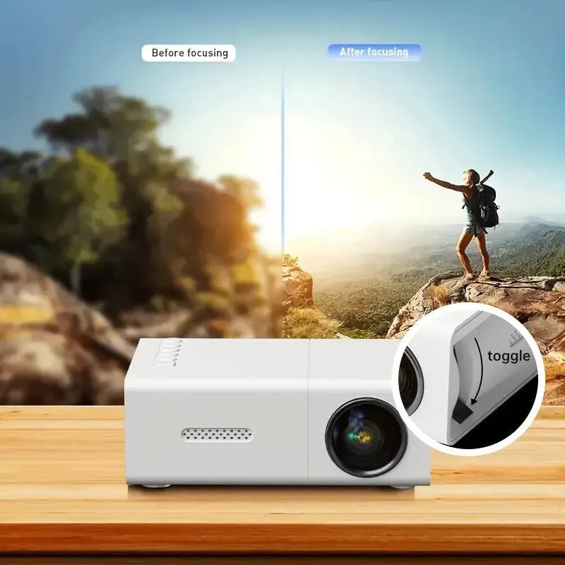 M100 mini LED projector in black or white with remote control showing 100-inch projection capability