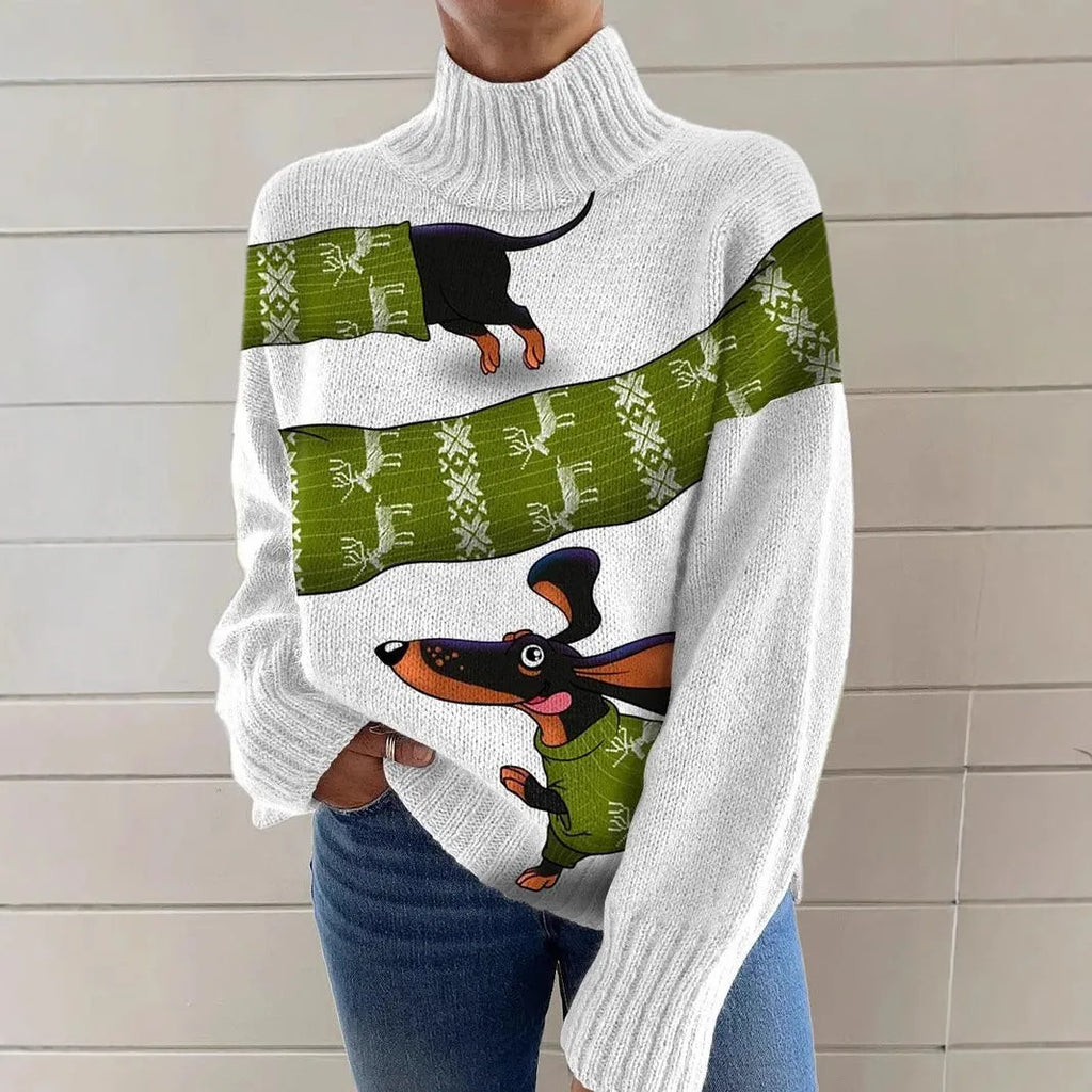 Women's loose fit Christmas printed turtleneck sweater in macaron colours