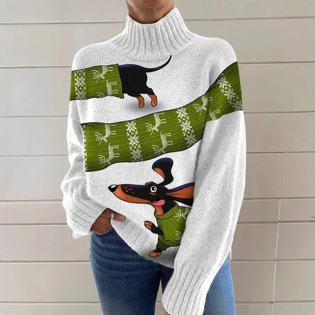 Women's loose fit Christmas printed turtleneck sweater in macaron colours