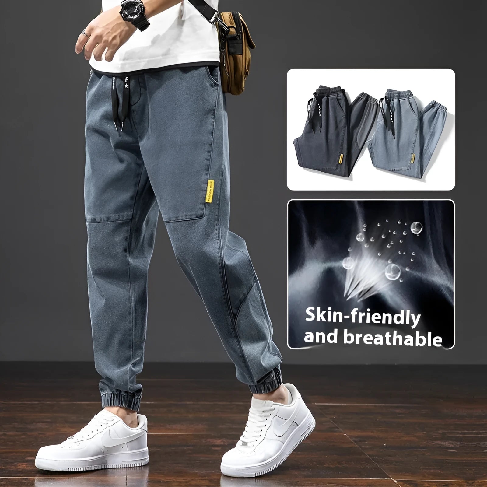 Men's loose straight-leg cargo jeans in blue, featuring a mid-rise waist and zip fly.