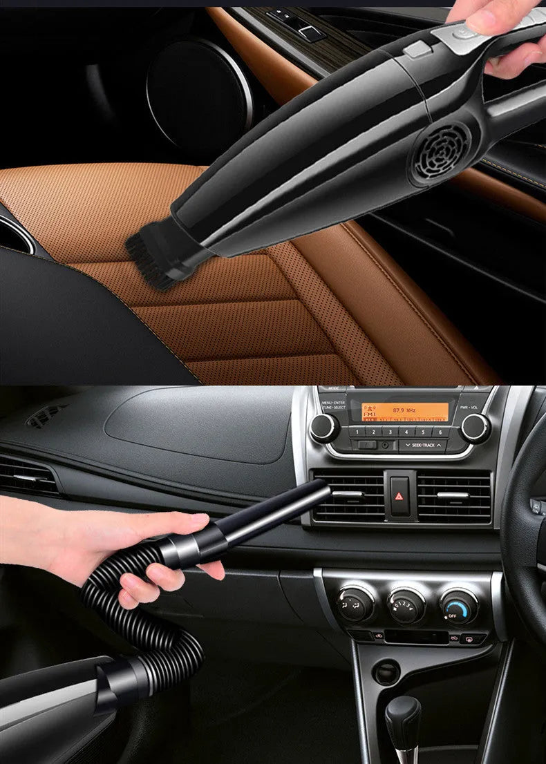 Black and orange 120W car vacuum cleaner with cigarette lighter plug for vehicle interior cleaning