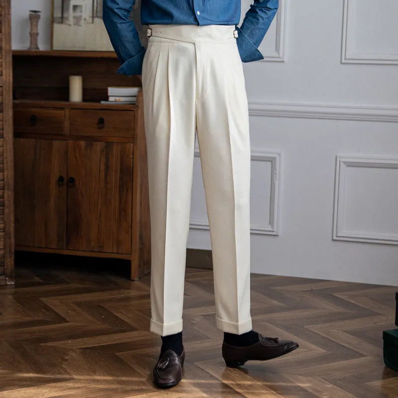 Men's high waist straight leg casual trousers in black, shown on a model.