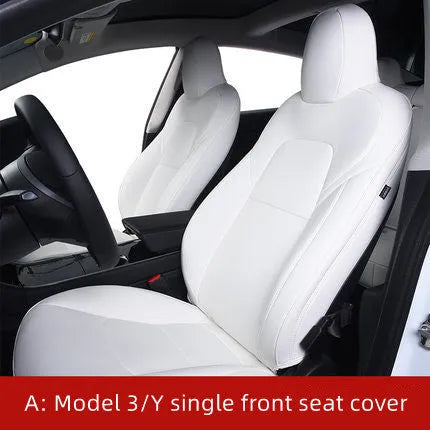 Tesla Model 3 and Y car seat cover interior package in black and white binding style.