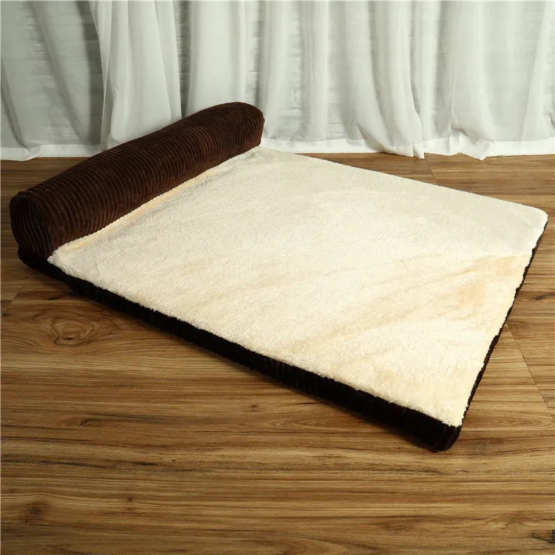 Corduroy pet dog bed sofa with removable cover in a grey colour, shown in a living room setting.