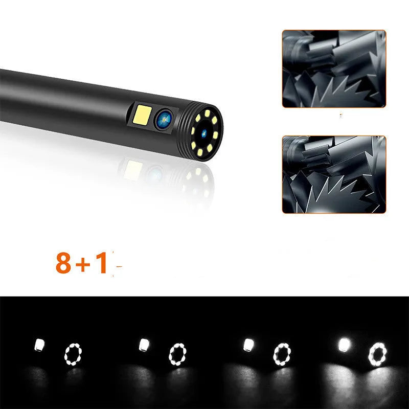 Wi-Fi dual lens wireless endoscope with 5.5mm and 8mm waterproof probe options and accessories.