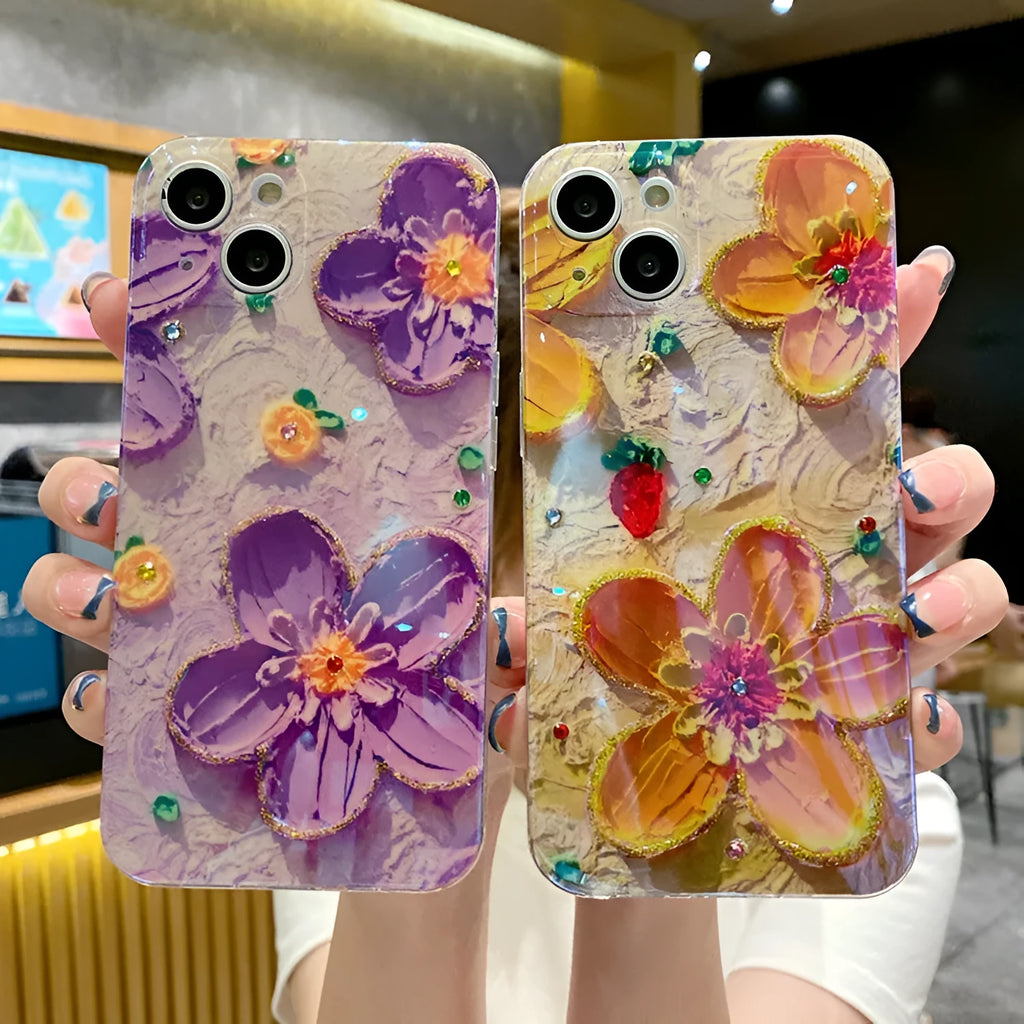 Purple and yellow soft rubber phone case with oil painting flower design and glittering diamond glue details.