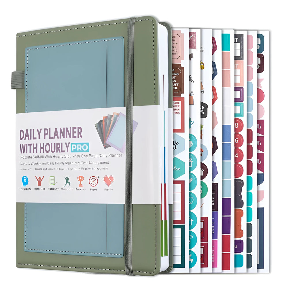 PU leather undated notebook with strap in purple, open to show pages and planning stickers.