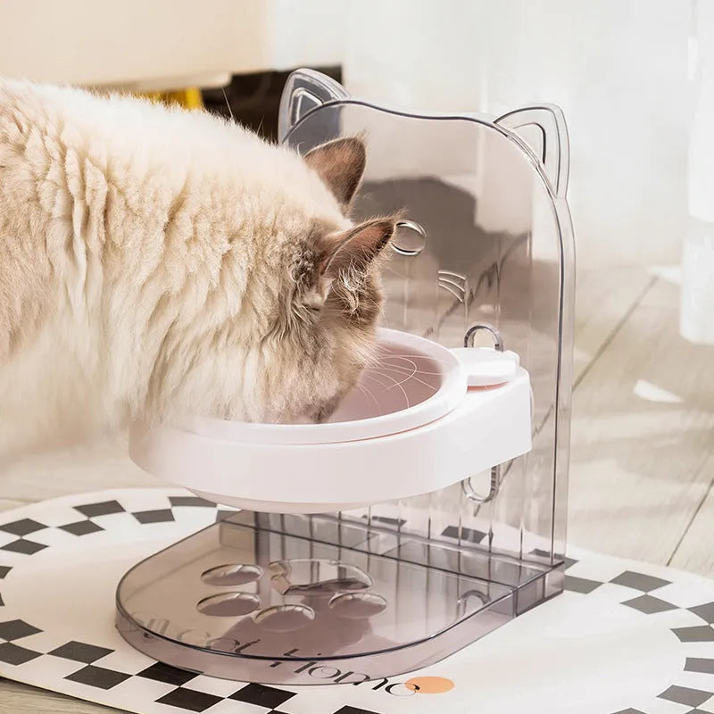 Grey cat feeding bowl with anti-spill design and removable cage, adjustable height.
