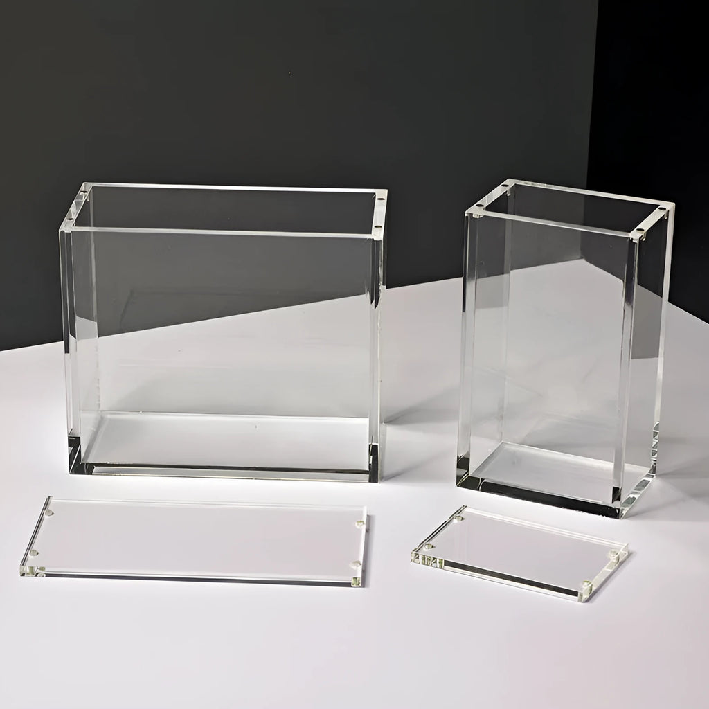Transparent acrylic display box with magnetic dustproof lid, 138x78x126mm and 191x91x169mm sizes