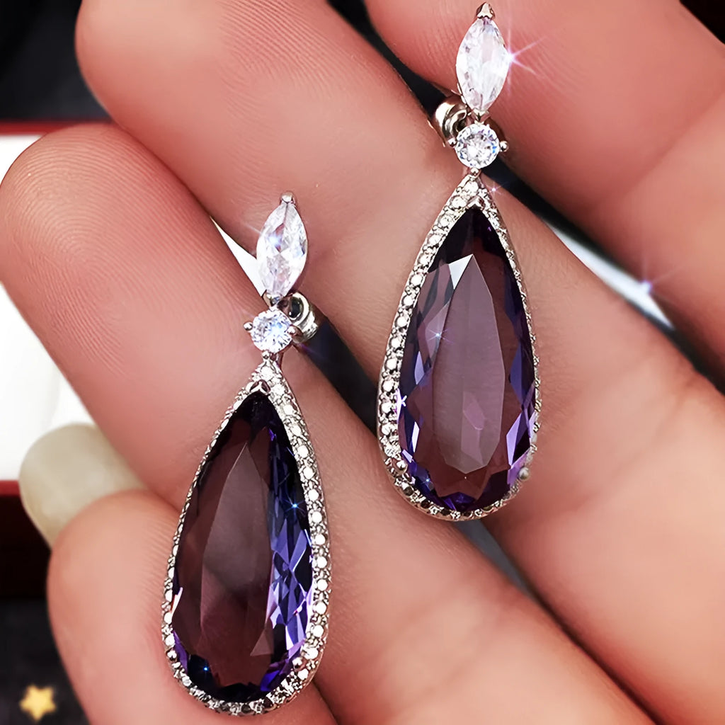 Micro-inlaid purple zircon long drop women bridal earrings with copper base