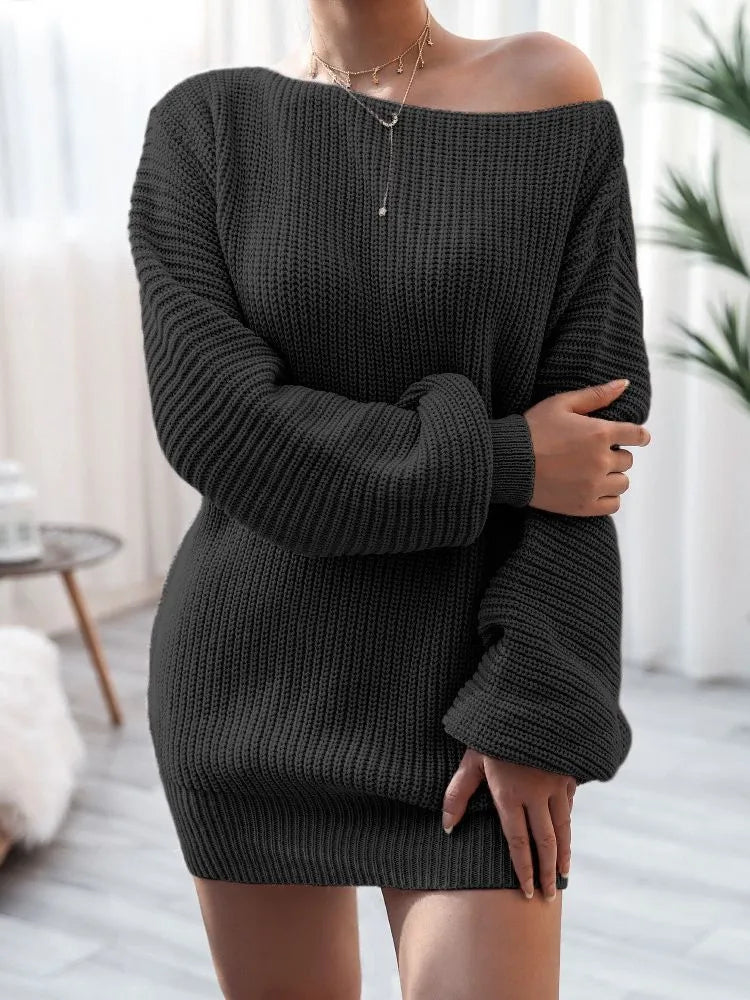 Women's off-the-shoulder knitted dress with lantern sleeves in a solid colour